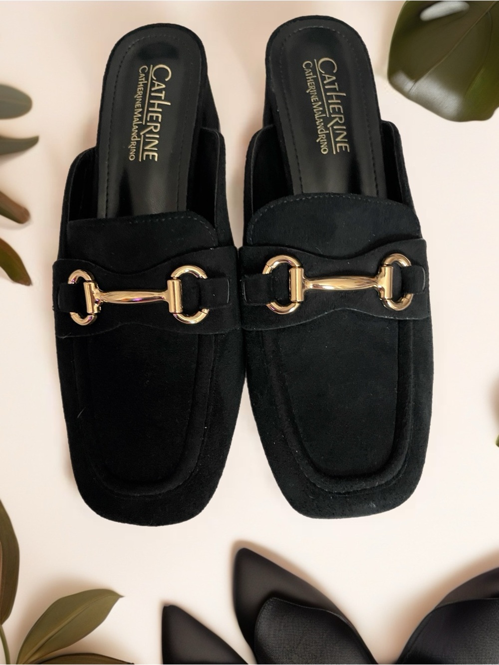 Catherine Malandrino Black Suede Mule with Gold Bit Hardware Size 8